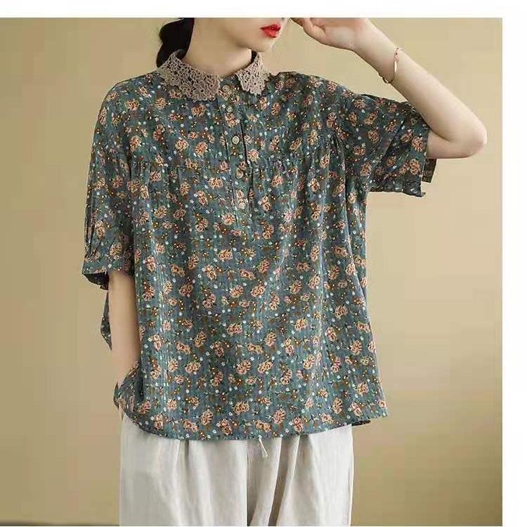 

Летняя ретро-цветочная блузка из хлопка и льна с воротником Питер Пэн, свободного кроя, с коротким рукавом для женщин XL кофейный