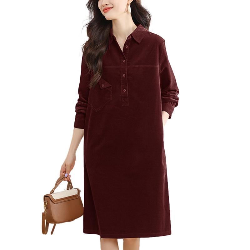 Women's Spring/Autumn Corduroy Long Sleeve Shirt Dress - Slimming, Age-Reducing Fit