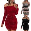 Fall Spring Women Dress One Shoulder Long Sleeve Elastic Chain Decor Sheath Tight