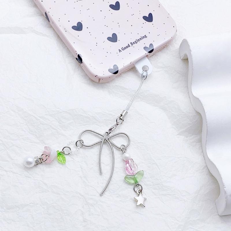 Lovely Beaded Bowknot Phone Strap Charm Pendant with Star Accents Sturdy Handbag Adornment Craft Supplies for Girls