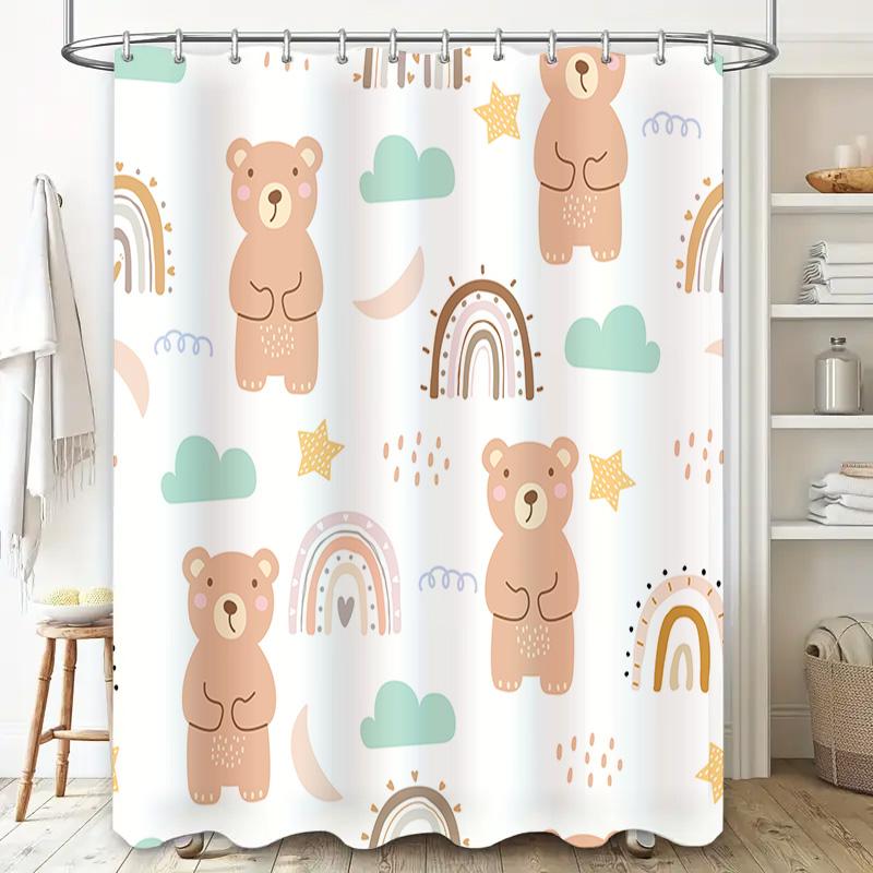 Cute Bear Shower Curtain White Bathroom Decor with Rainbow Clouds Pattern for Kids Bathrooms Set Includes 1 Curtain (70 X 72) +