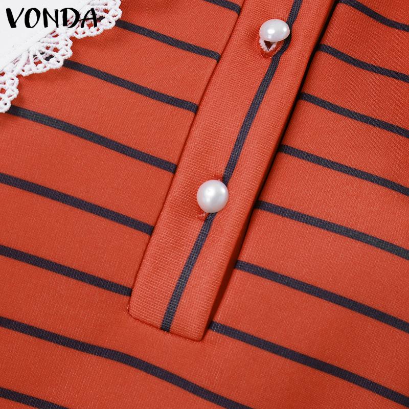 VONDA Women Doll Collar Long Sleeve Striped Casual Loose Pullovers Blouse