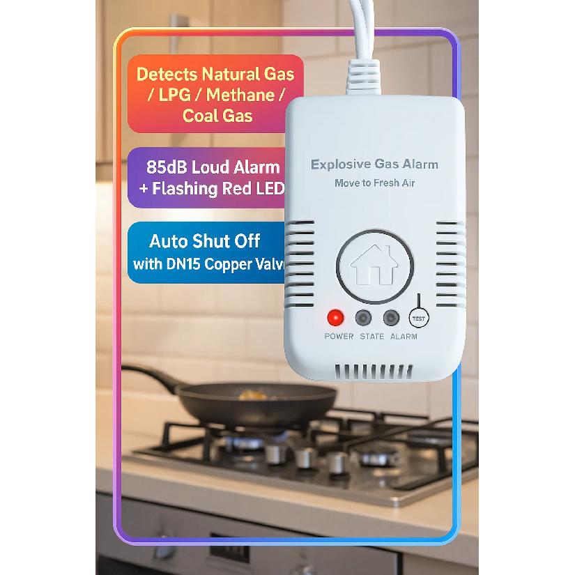 EU/US Plug Gas Leak Alarm Detector with DN15 Copper Valve | Natural Gas LPG Methane Sensor with Auto Shut Off