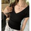 White Shoulder V-neck Short-sleeved T-shirt Women's Summer New Pure Desire Primer Slim and Thin Women's Top