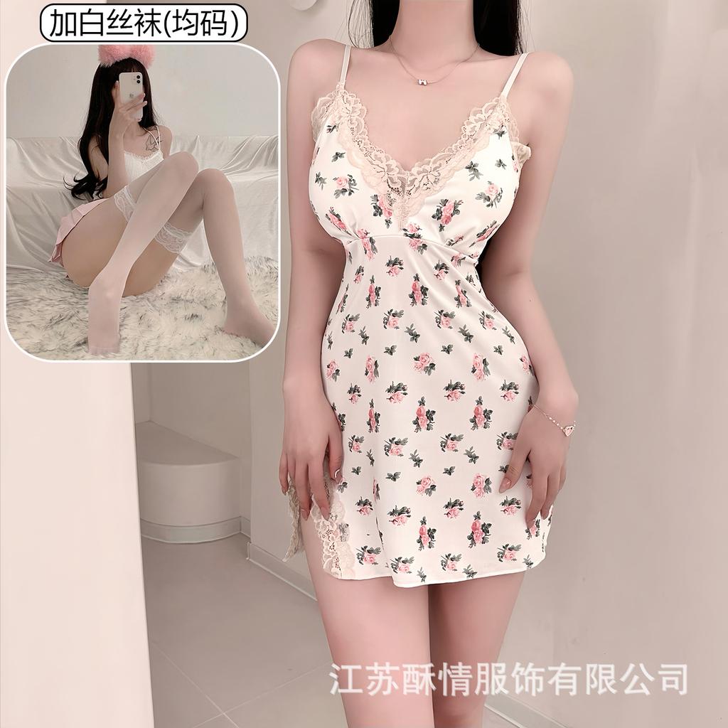 Crispy love bag chest lace pad pure hip suspender pajamas smashed flower sexy small chest pajamas color fresh wind short skirt