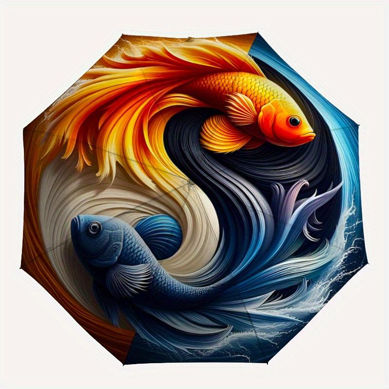 1 Stück Yin Yang Karpfen Design Automatisches Öffnen und Schließen Faltbar - Eine Gute Wahl für Geschenke, Modischer und Praktischer Regenschirm Mit Niedlichem Wagen