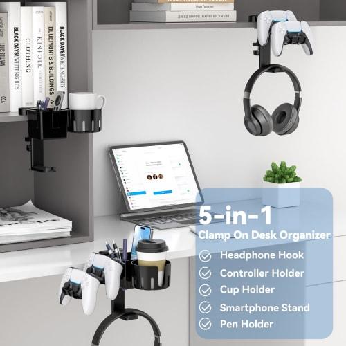 KDD 5-in-1 Desk Organizer - Rotating Headphone Stand with Drink Holder, Detachable Controller Stand, Pen Holder and Cup Holder - Desktop Storage for C