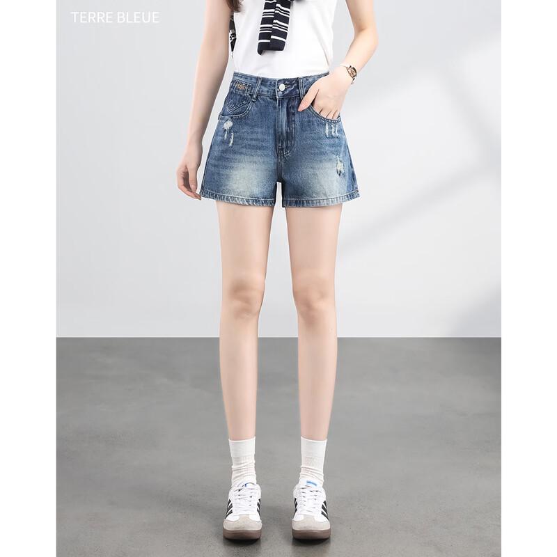 TERRE BLEUE Women's Retro High-Waist Wide-Leg Denim Shorts