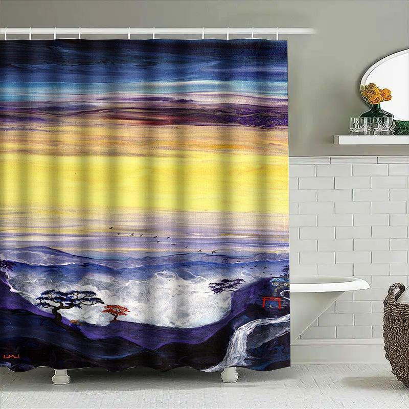 Multicolored Watercolor Landscape Shower Curtain For Bathroom Decor Modern Style With Red Tree And Mountain Design (This Title M