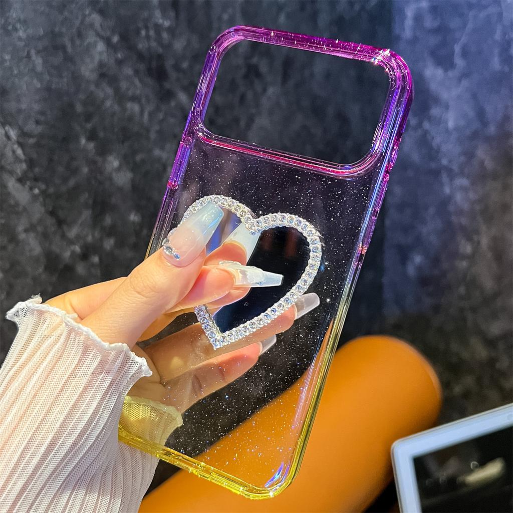 For iPhone 17 Pro Case Glitter Dual Color PC+TPU Clear Phone Cover with Heart-Shape Mirror