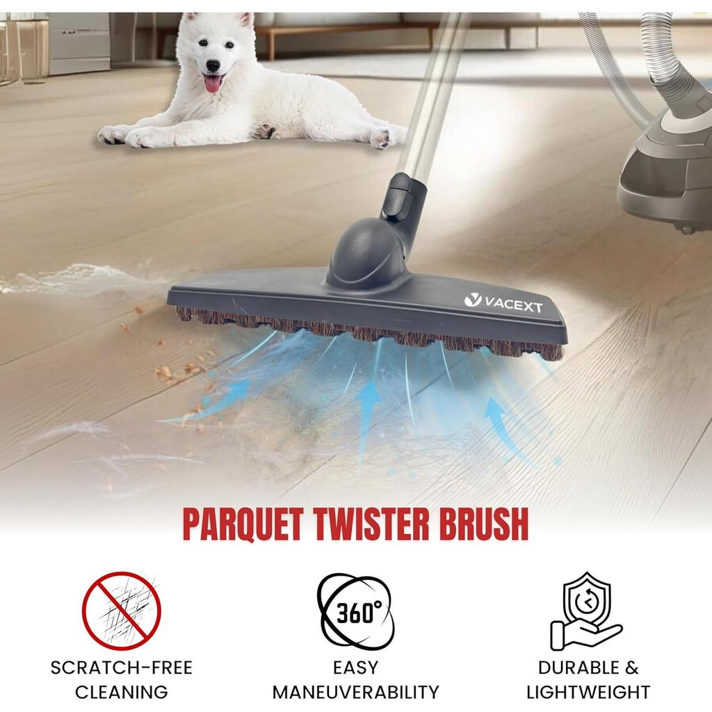 For Miele Hardwood Floor Brush Head – 12” Parquet Twister with Soft Horsehair Bristles, – Compatible with Miele C1, C2, C3 Canister Vacuums