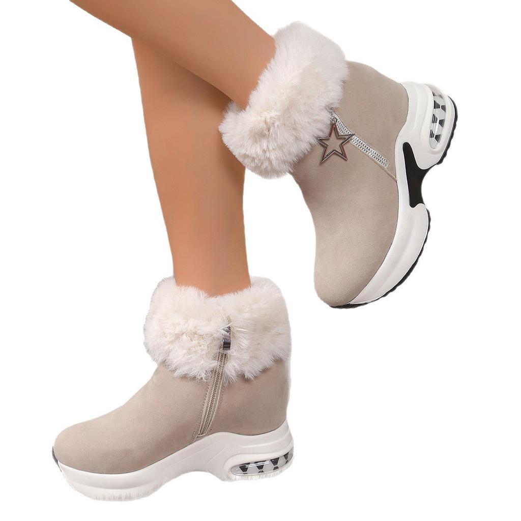 Autumn and winter new thick-soled snow boots large size fashionable warm cotton shoes medium tube solid color wedge heel air cushion short boots