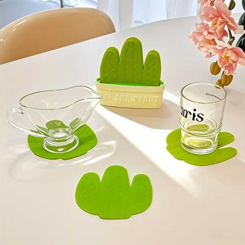 Anti Scald Cactus Coasters Set Creative Heat Resistant Cactus Cup Mat with Stand Green Drink Insulation Pad Home Decor