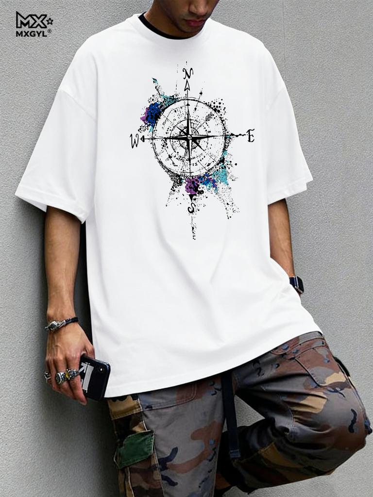 Men's Summer Cotton Fashionable Loose Casual Compass Pattern Printed Round Neck Short Sleeved T-shirt Breathable And Casual