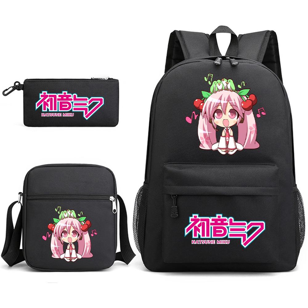 3Pcs/set Anime Cartoon Hatsune Miku Printed Backpack with Shoulder Bag Pencil Case for Teenager Student Boy Girl Large Capacity Waterproof School Bag