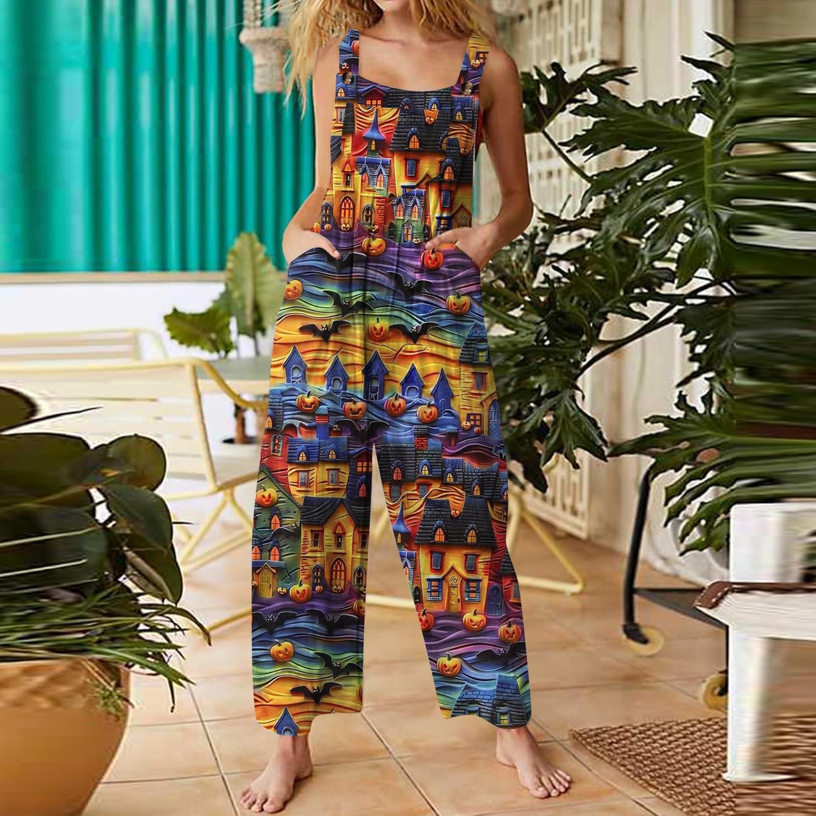 

Women s Jumpsuit Halloween Print Casual Loose Retro Cotton And Linen Overalls With Pockets XXL шафрановий