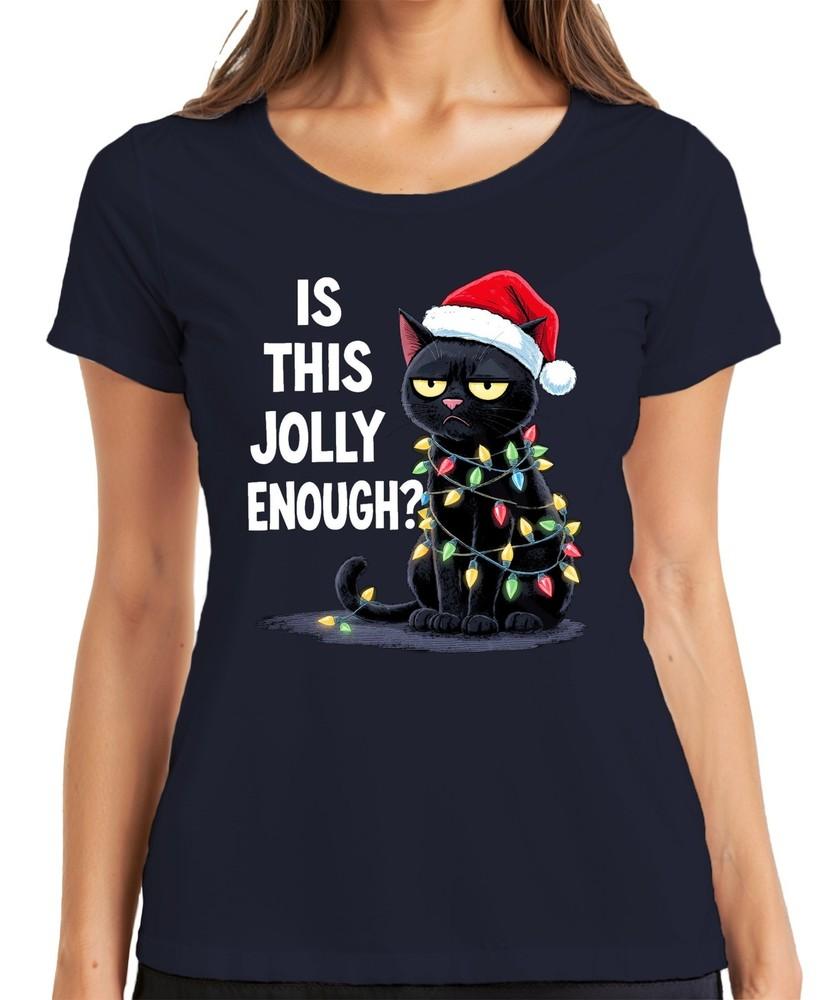 Is This Jolly Enough Christmas Cat Sarcastic Santa Hat Ladies TShirt S