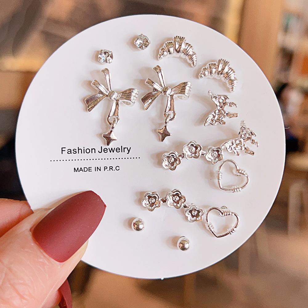 Titanium Steel One-week Stud Earrings 1 Combination Korean Fringed Bow Ins Versatile Cute Earrings for Women