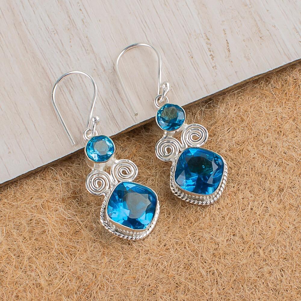Swiss Blue Topaz Gemstone 925 Sterling Silver Handcrafted Jewelry Earrings 1.12" EE-69-2