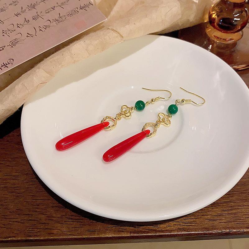 New Chinese red water drop pendant earrings women's national style long fringed stud earrings festive ears