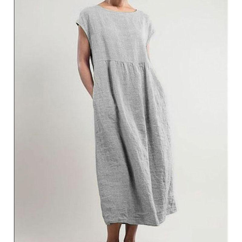 Spring/Summer Short Sleeve Loose Dress Casual Solid Color Pocket Dress for Women