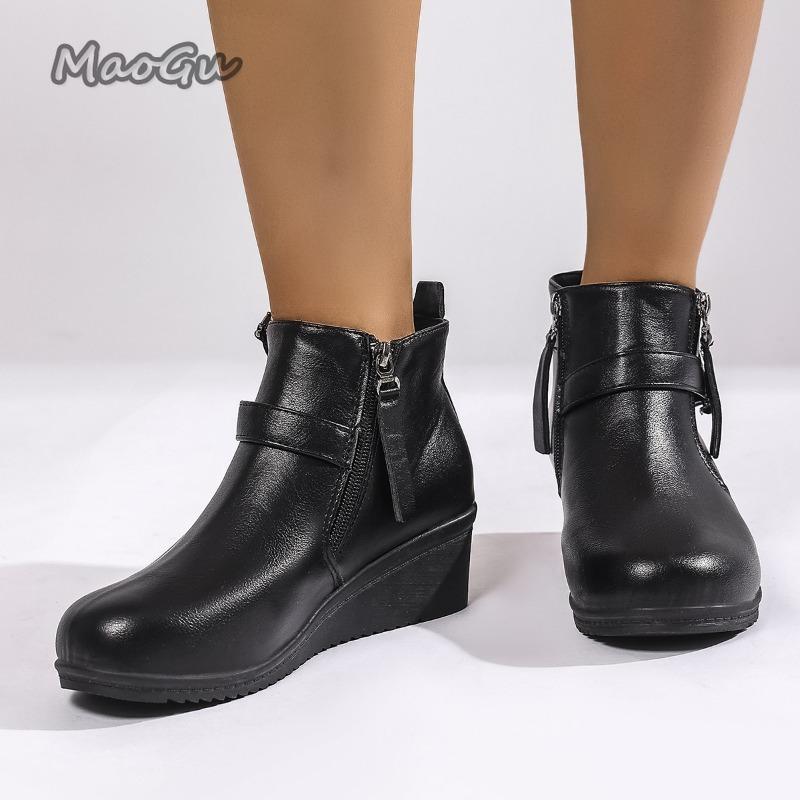 Plus Size 36-43 Mid Top Short Boots for Women Autumn Chunky Round Toe Wedges Boots British Style Zip Up Leather Ankle Botines