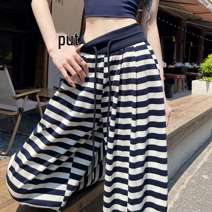 Summer 2025 South Korea High-Waisted Wide-Leg Striped Floor-Length Women s Pants M