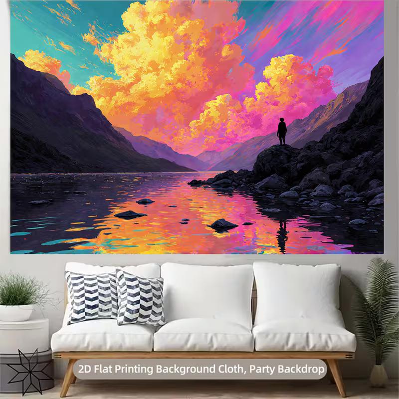 2D Sunset Mountain Lake Photo Backdrop Nature Portrait Decor Cloth