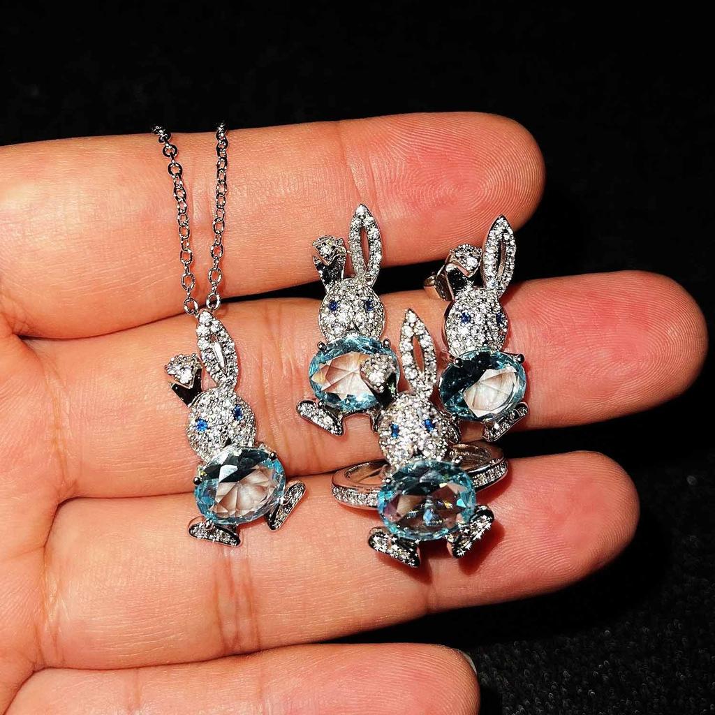 QTT Cute Rabbit Jewelry Set 925 Sterling Silver Necklace Ring Earrings Set Jewelry Set Blue Cubic Zirconia Birthday Gift