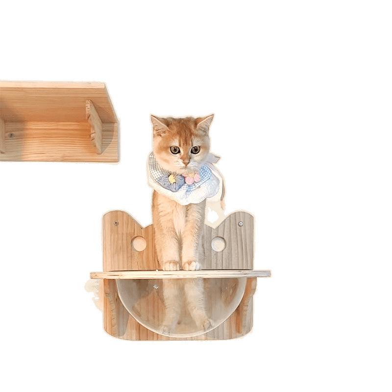Wall-Mounted Solid Wood Cat Climbing Frame with Bed, Jumping Platform, and Scratching Post