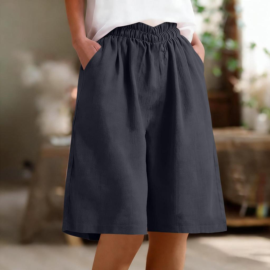 Women's Casual Cotton Linen Bermuda Shorts with Pockets Elastic Waist Loose Fit Color
