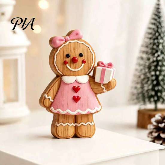 Christmas Party Supplies Cartoon Gingerbread Wooden Ornament, Double-sided Printed Desktop Tabletop Figurines, Character Figures Decorative Craft for