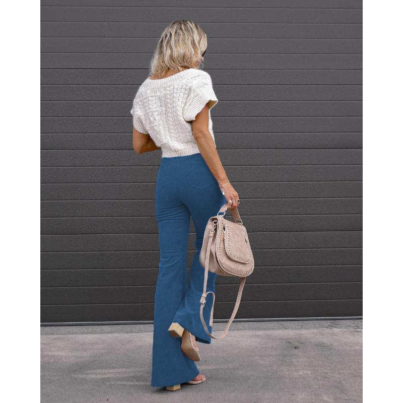 Women's Winter High Waisted Flared Corduroy Pants Solid Color Elegant Stretchy Slim Fit Casual Warm Full Length Bell Bottom Trousers