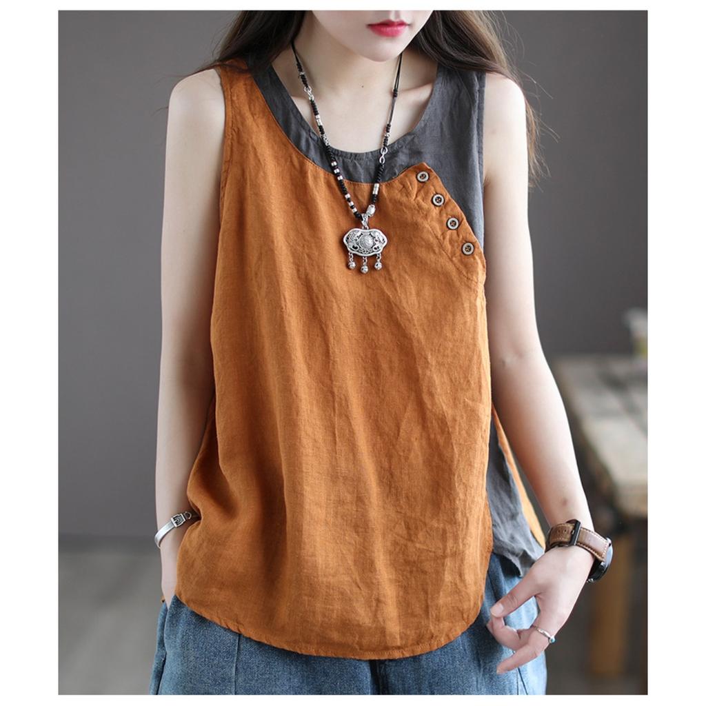 Women's Round Neck Sleeveless Linen Cotton Loose Tank Top Retro Casual Vest