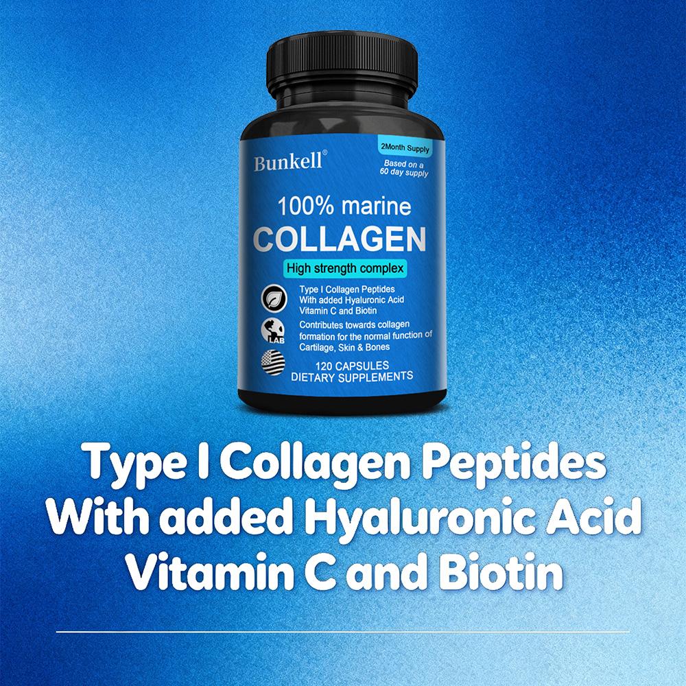 Marine Collagen Type I Peptides High Strength Complex with Hyaluronic Acid Vitamin C and Biotin, 120 Capsules