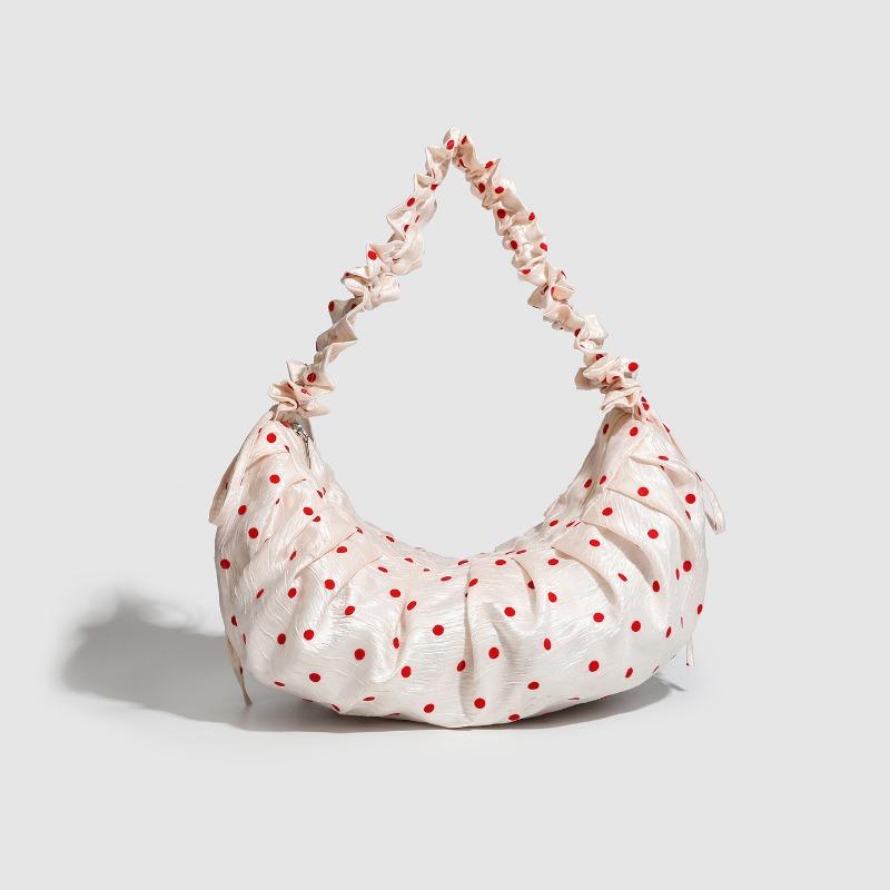 

Pleated Lace Polka Dot Dumpling Bag, Drawstring Zipper Crossbody Bag, Commuter Tote Bag