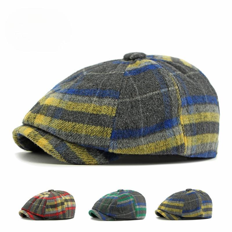 Men Women British Retro Woolen Plaid Newsboy Cap Fashion Octagonal Painter Hat Autumn Winter Warm Cabbie Peaked Cap Gatsby Style
