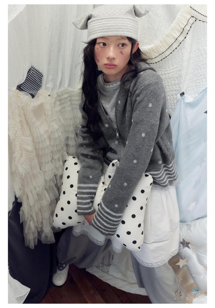 Simple Korean Polka Dot Jacquard Sweater - Women's Autumn/Winter Hooded Knit Top M31