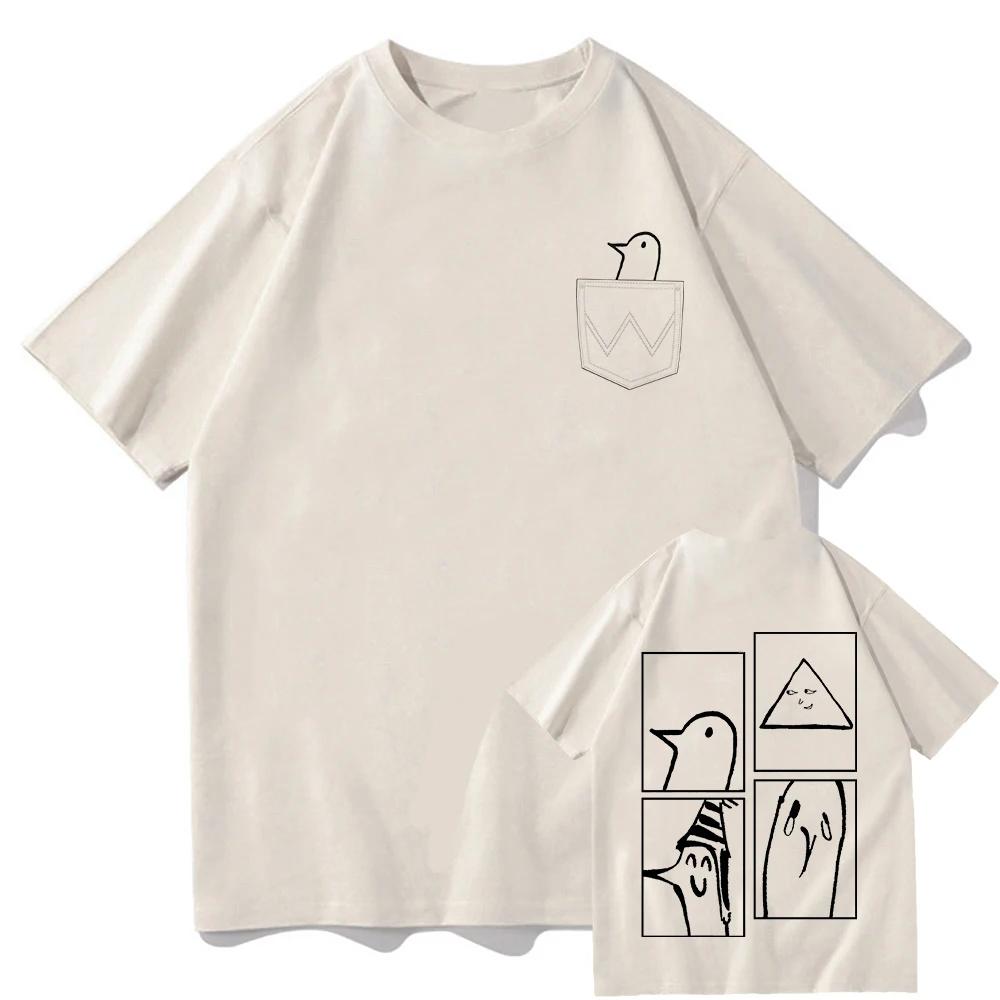 Front And Back Prints Small Abstract Bird Tshirt With Fake Pockets Fun Graffiti Loose Fitting Mens And Womens Short Sleeves