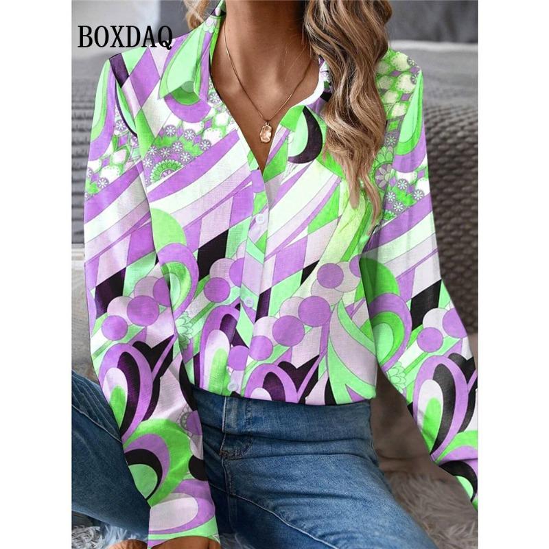 Autumn Fashion Blouse Women'S New Geometry Print Long Sleeve Lapel Shirts Casual Button Ladies Tops Elegant Female Clothes