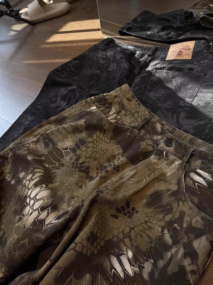 Men's Versatile Retro Snake Print Camo Jeans - Loose, Casual, Wide-Leg