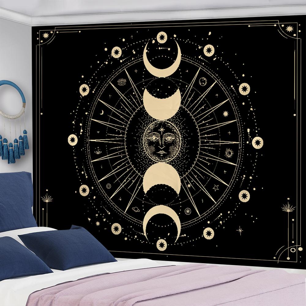 Sun Moon Tapestry Black White Starry Sky Wall Hanging Astrology Divination Matwitchcraft Hippie Mandalas Psychedelic Taiji Decor