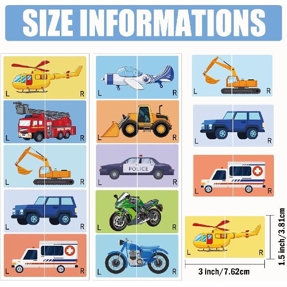 80Pcs Kids Cute Right Left Car Stickers 3 x 1.5 Inch - Cartoon Plane Forklift Sole Sticker Children Boys Girls Shoes Stickers for Early Learning