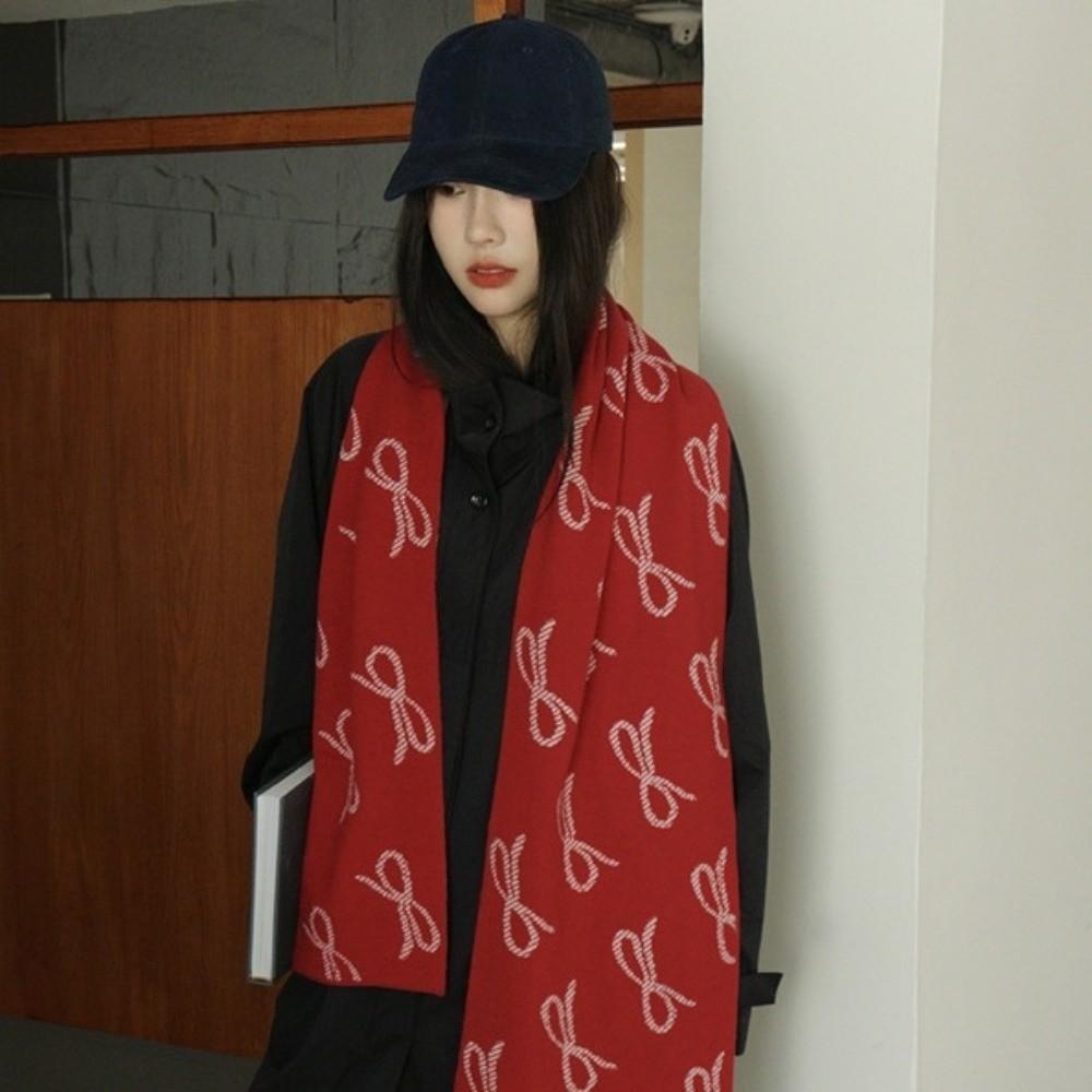 Korean Style Imitation Wool Scarf Two-sided Winter Shawl Fashion Bow Scarf  Gift
