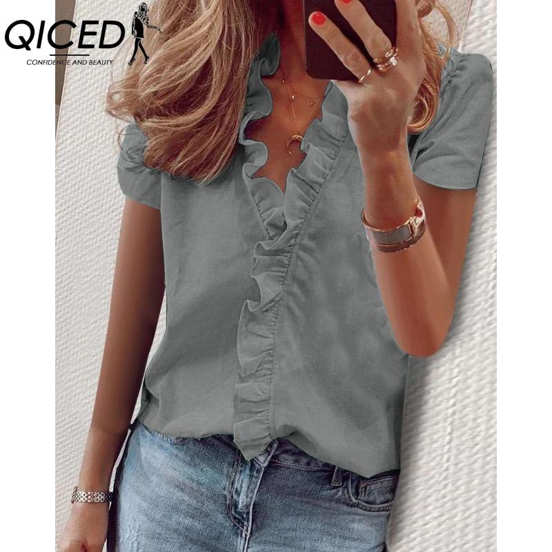 QICED Blusas y camisas de manga corta con cuello en V y estampado de color sólido informal a la moda para mujer