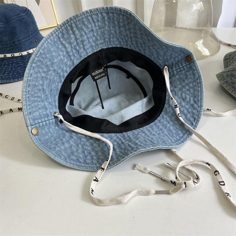 Retro denim bucket hat women's new strap-up big brim denim hat travel shade versatile sunscreen hat
