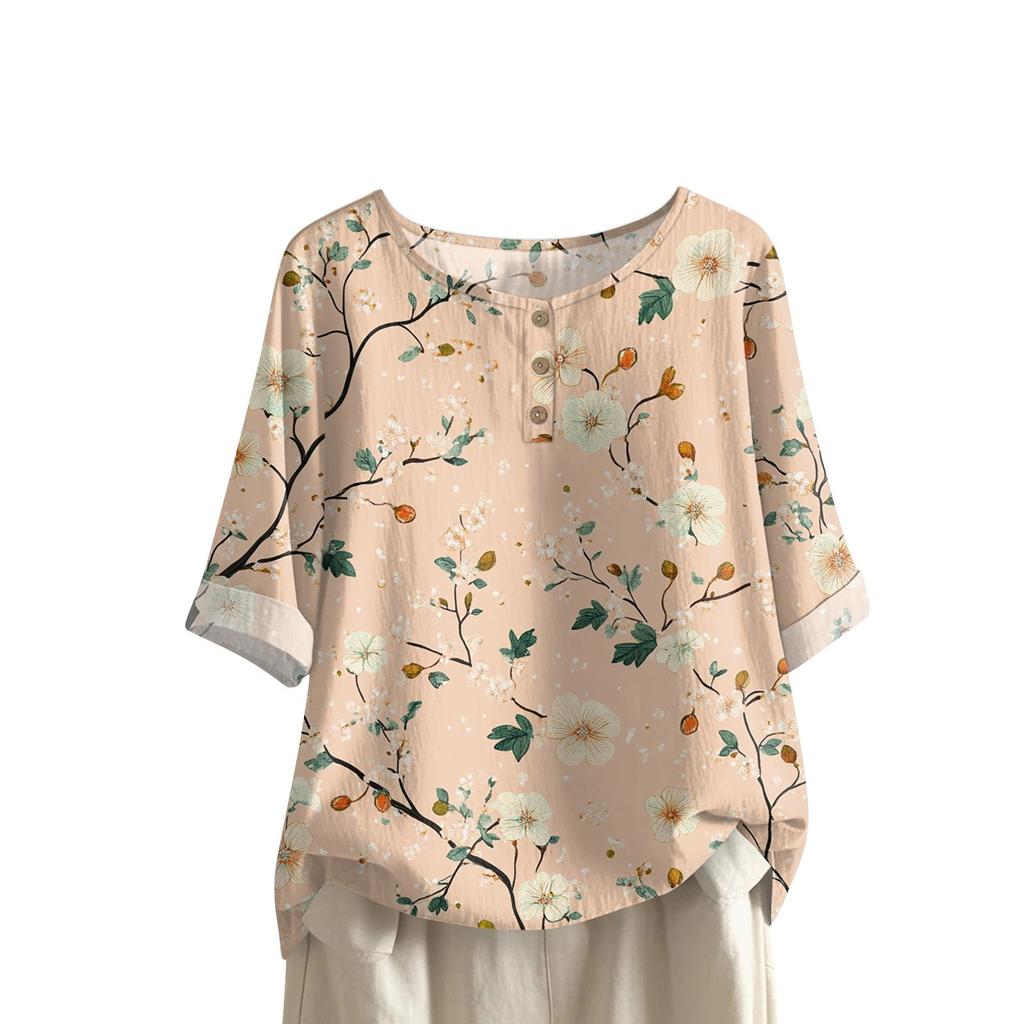 Women's Fashionable And Casual Shirt Half-sleeve Round Neck Print Blouse Top