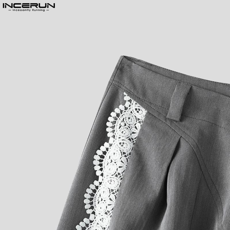 INCERUN Men Casual Zipper Waist Lace Hem Long Wide Legs Pants Trousers