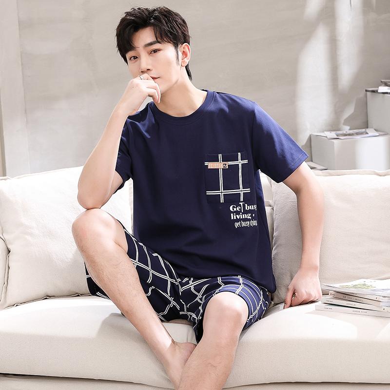 2 Pieces Set Men's Summer Cotton Pajamas Set Short Sleeping Tops Pants Sleepwear Male Casual Nightwear Pijama Pyjama Night Cloth