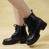 New Women'S British Style Lace-Up Boots - Leather Ankle Boots With Side Zipper & Chunky Sole, Spring/Fall Fashion Booties
